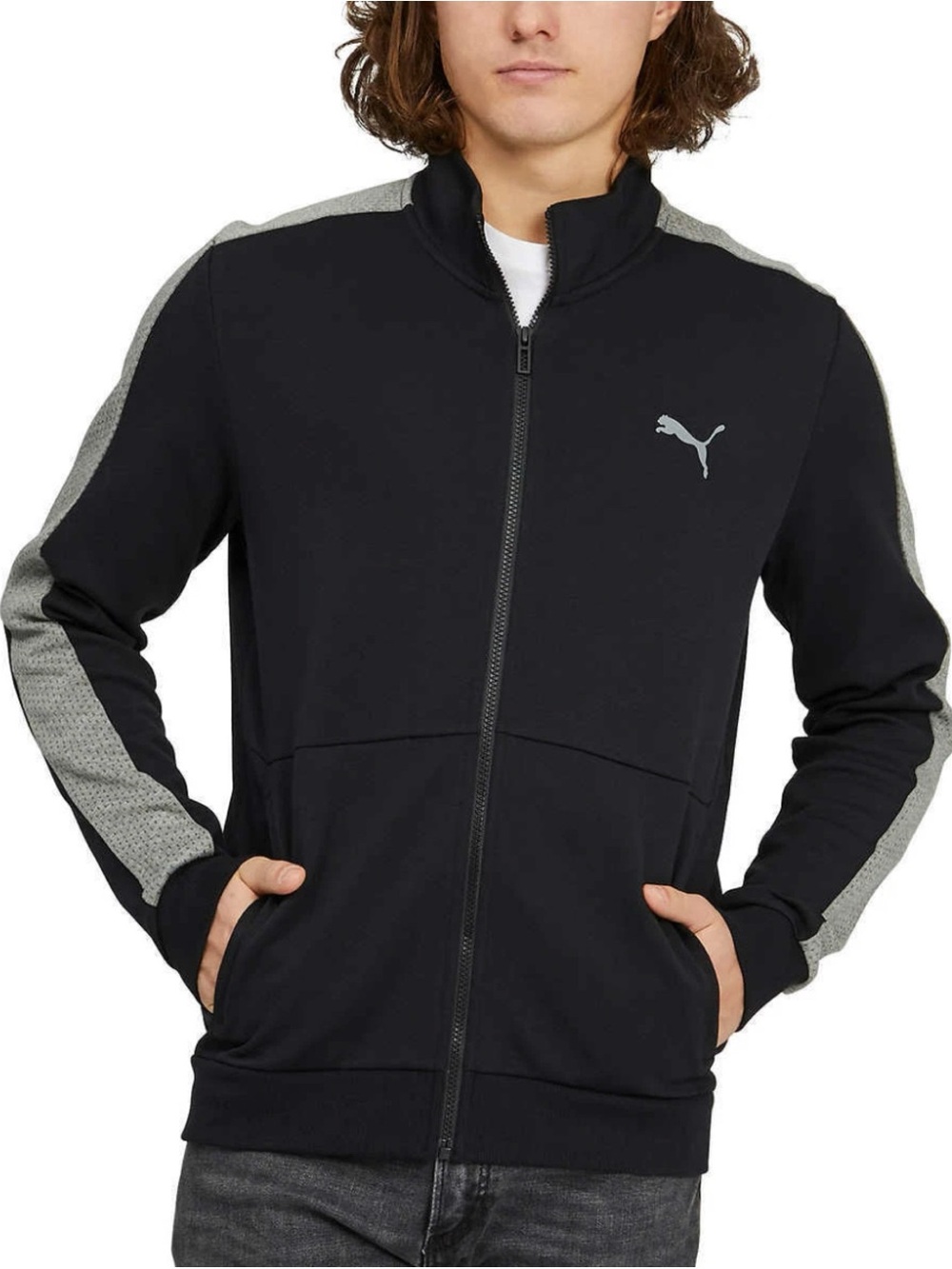 Puma Black Track Sweater Jacket with Light Gray Sleeves Large